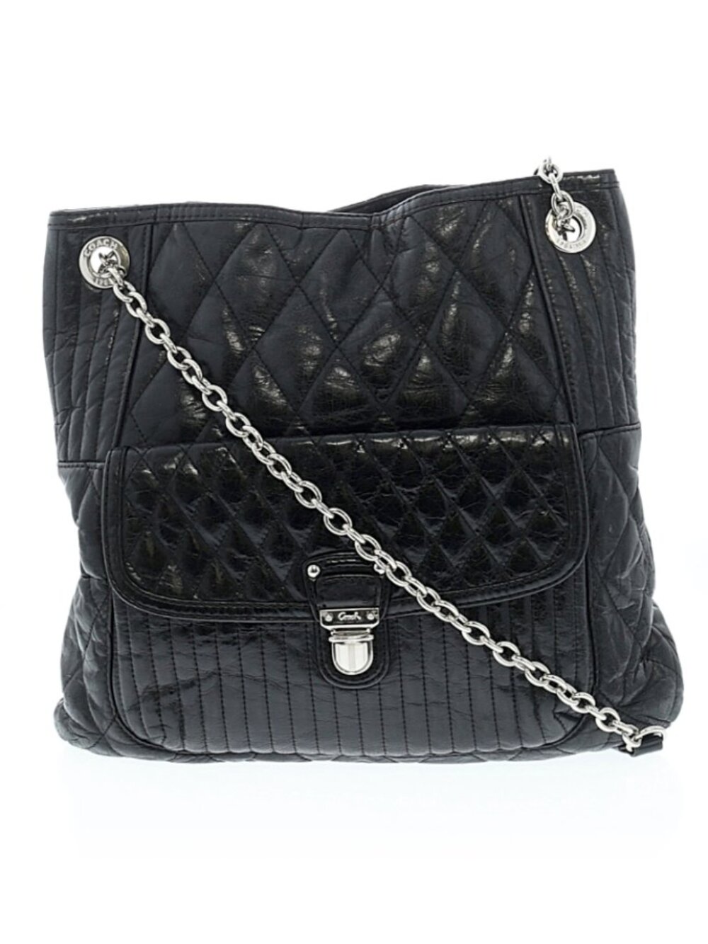 Coach Quilted Poppy Slim 19854 Black Crackled Leather Silver Chain Crossbody Bag